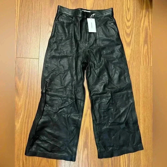 NWT Frame Denim High Rise Wide Leg Crop Leather Pants Jeans Noir Black 27 - Picture 5 of 7